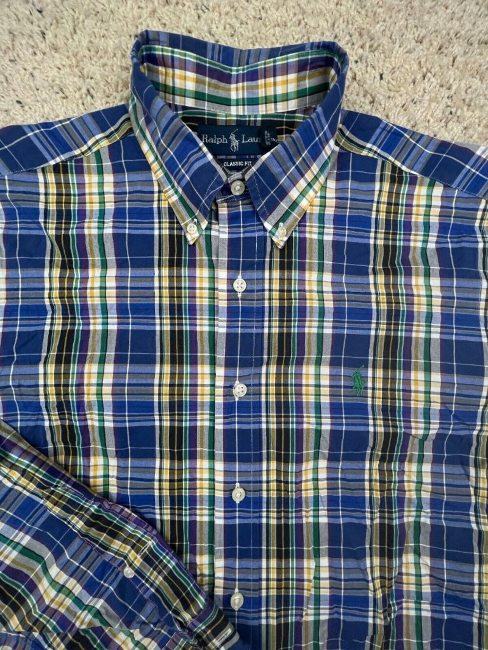 Ralph Lauren Classic Fit Button Up Shirt Cotton Adult Size Large Blue Yellow